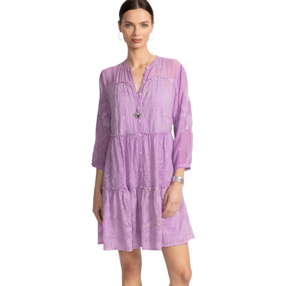 Johnny Was Kimberlee Butterfly Embroidered Dress Womens XL Purple Viola Tiered